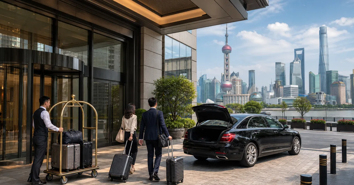Shanghai hotel entrance with private car, luggage and Pudong skyline view