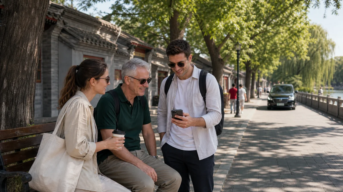 Travelers taking a relaxed Beijing last-morning walk before departure