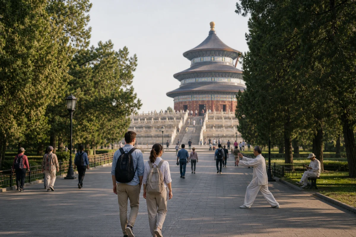 Travelers walking through Temple of Heaven Park in Beijing