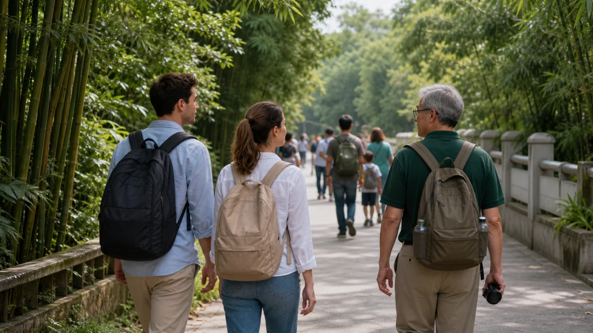 Travelers leaving a Chengdu panda-base morning walk before transfer