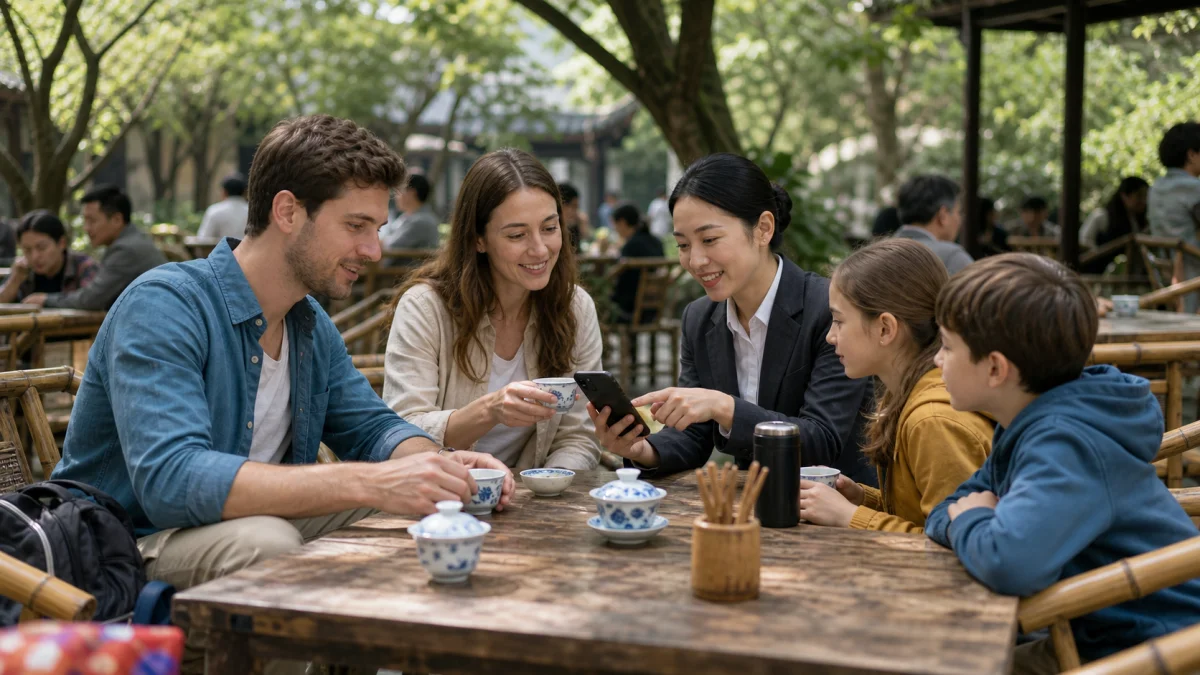 Family travelers drinking tea with a local guide in a Chengdu open-air teahouse