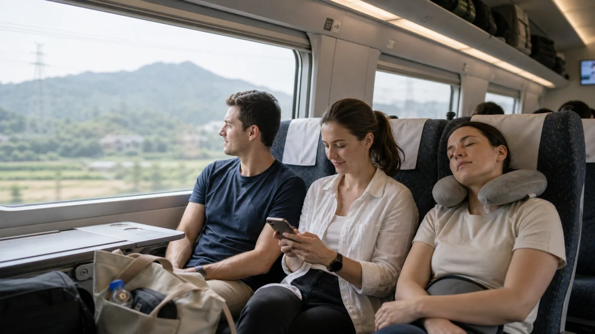Travelers resting on a high-speed train between China itinerary stops