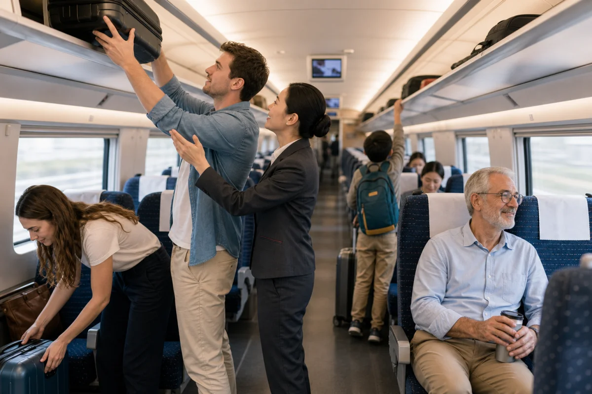 Travelers placing compact luggage inside a China high-speed train carriage