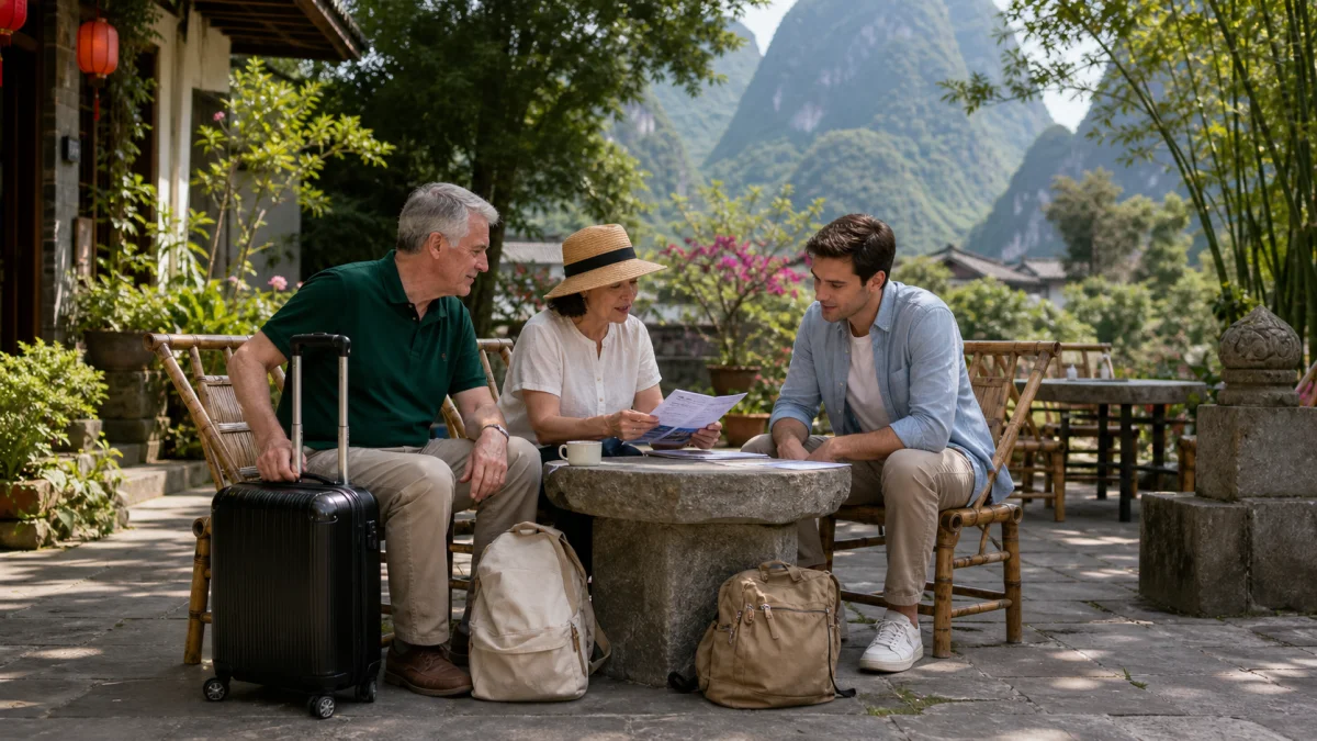 Travelers checking luggage and transfer timing in a Yangshuo courtyard