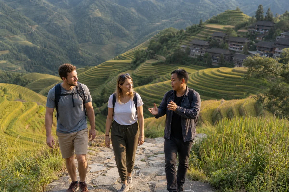 International visitors and a local guide walking through Longji Rice Terraces near Guilin