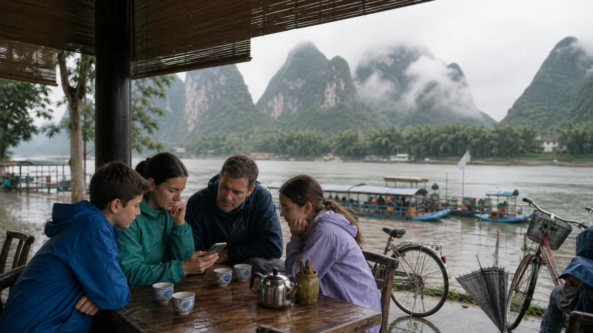 Family checking a Guilin rainy-day plan beside the Li River