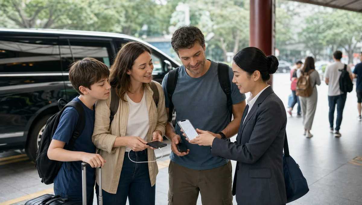 Family travelers checking phone connection and pickup details with a local guide in China