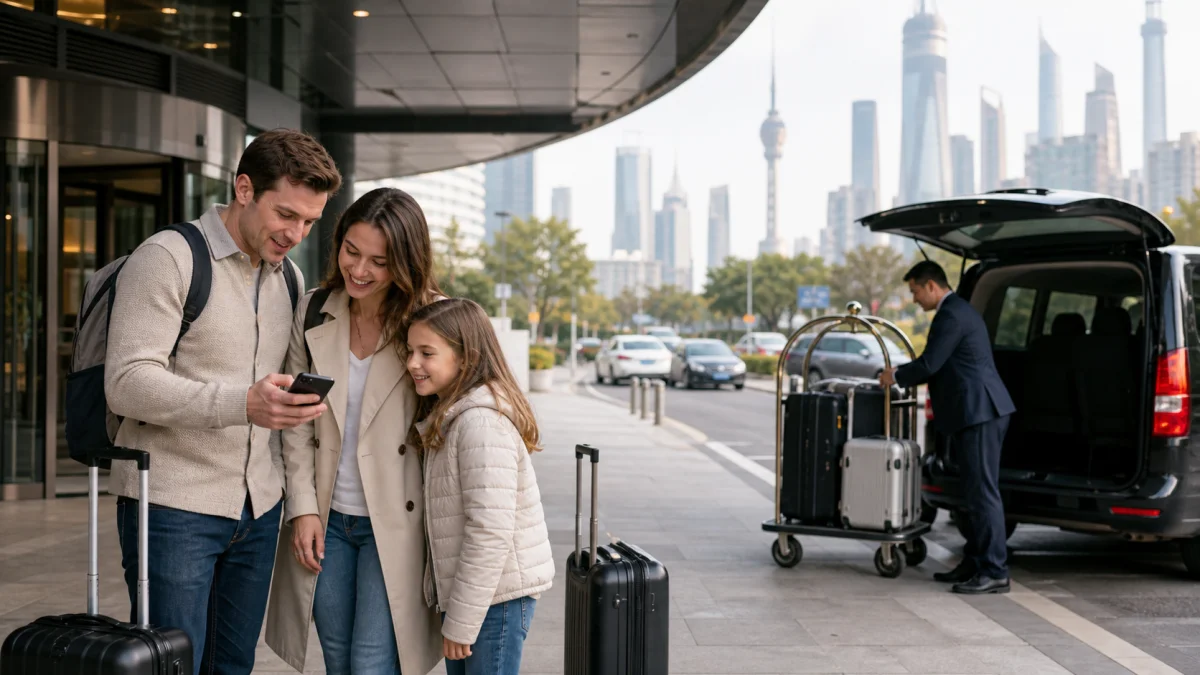 Shanghai hotel pickup with family luggage and private vehicle near the skyline