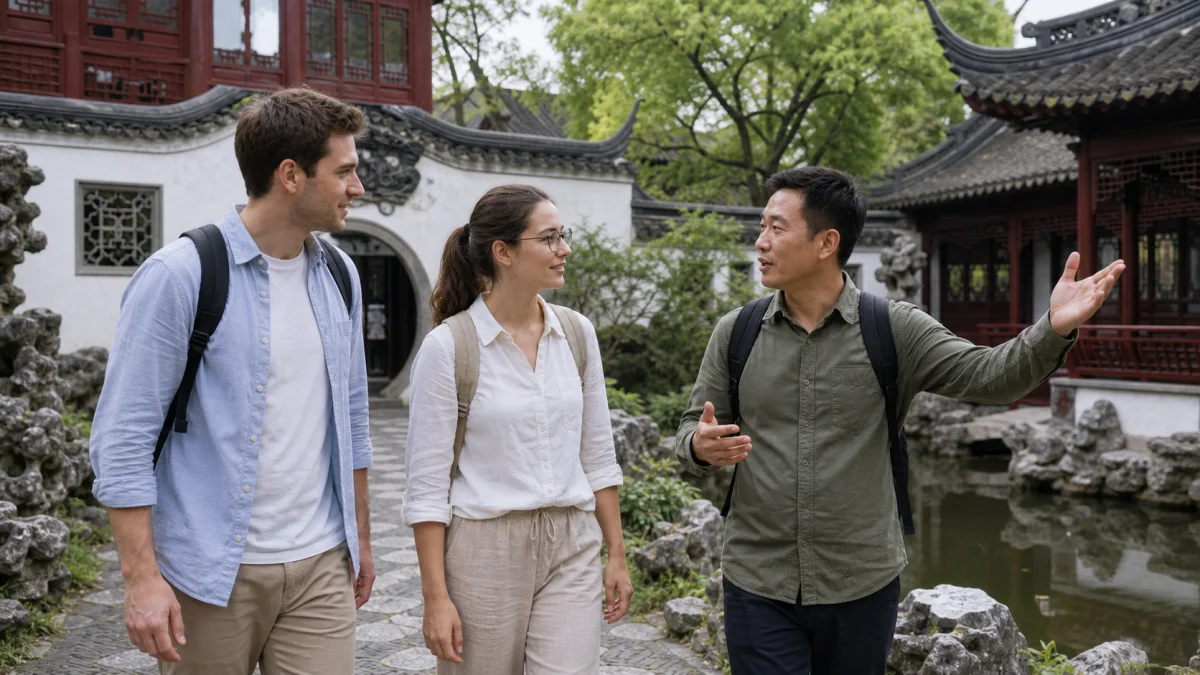 Private guide walking with travelers in Shanghai Yu Garden during a first family day