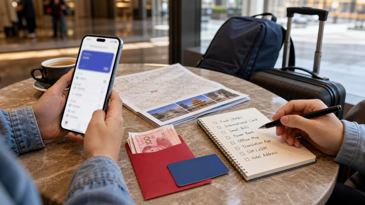 Payment backup checklist with phone, RMB cash, card, and China itinerary