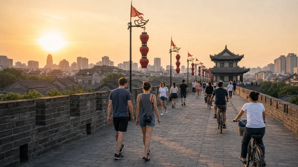 Travelers walking and cycling on Xi'an City Wall at sunset