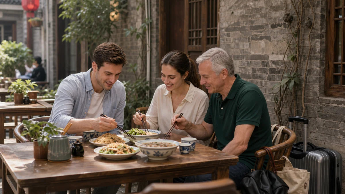 Travelers enjoying a calm Xi'an old-city lunch before departure