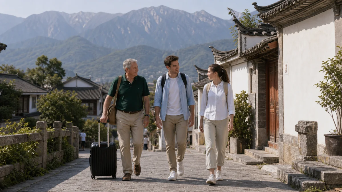 Travelers leaving a Dali old-town lane before transfer