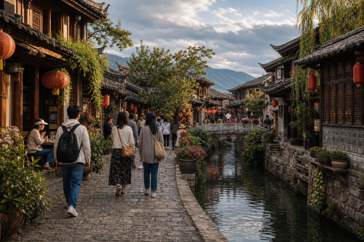 Travelers walking through Lijiang Old Town in Yunnan