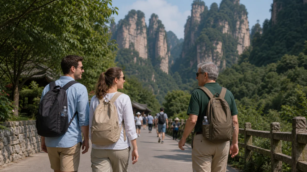 Travelers taking a light Wulingyuan walk before a Zhangjiajie transfer