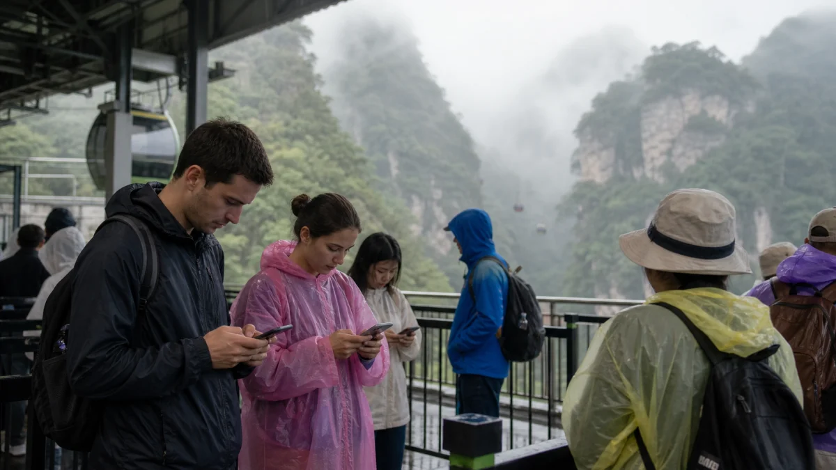 Travelers checking plans at a misty Zhangjiajie cable car station