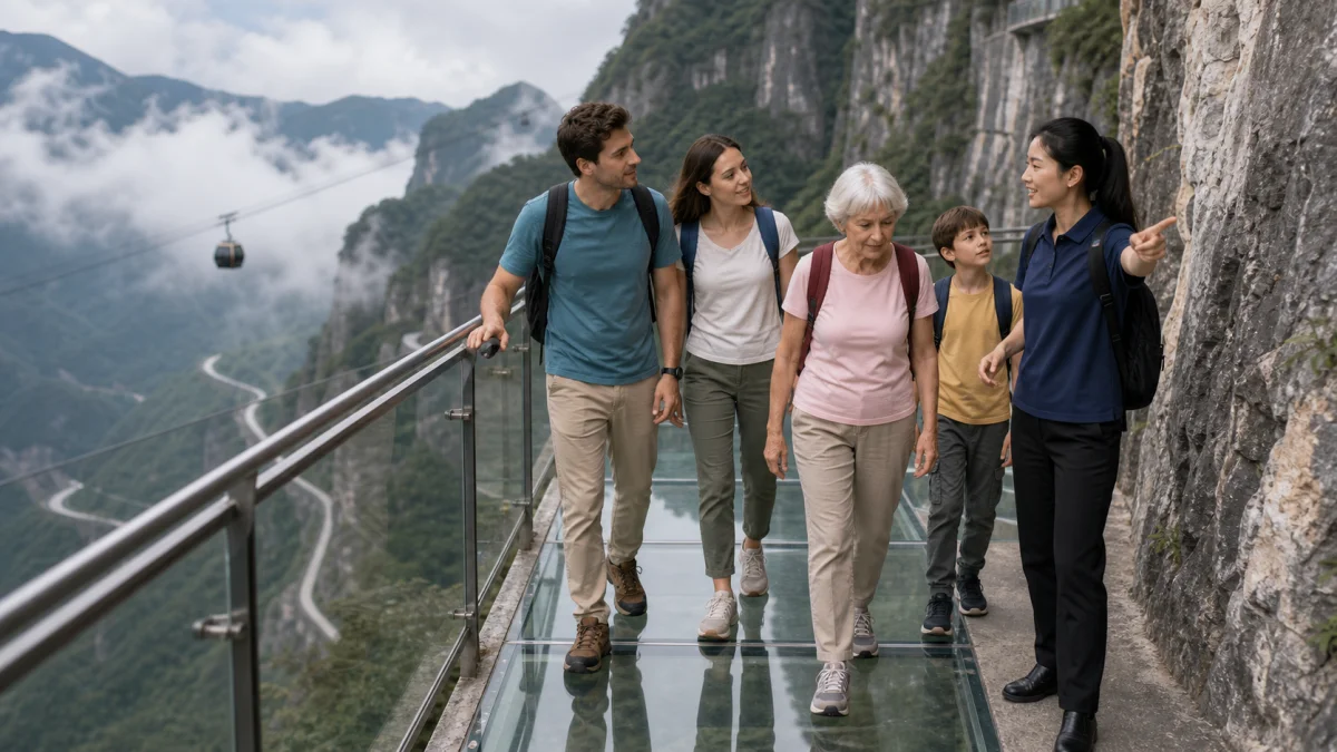 Family travelers and a guide walking safely on a Zhangjiajie mountain glass walkway