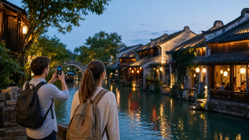 Travelers photographing a lantern-lit Wuzhen-style canal