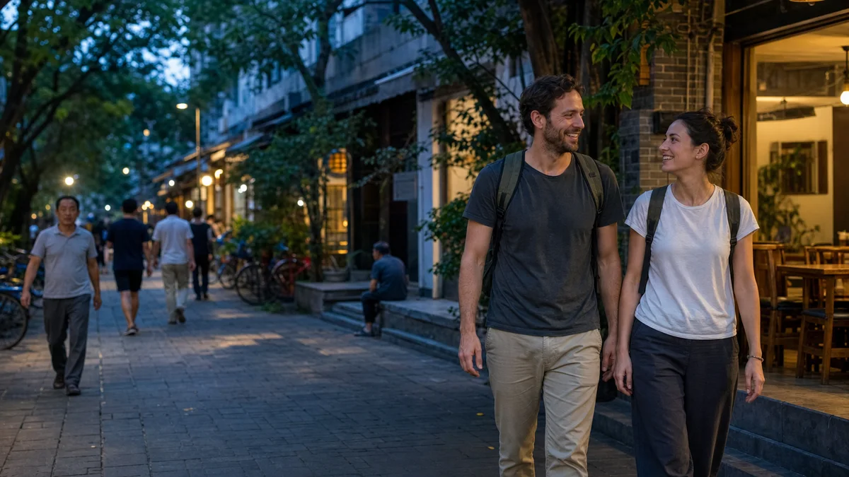 International couple on a relaxed early-evening walk through a Chengdu neighborhood