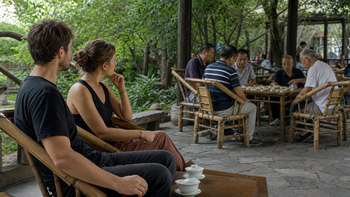 Travelers observing local residents in an open-air Chengdu tea house