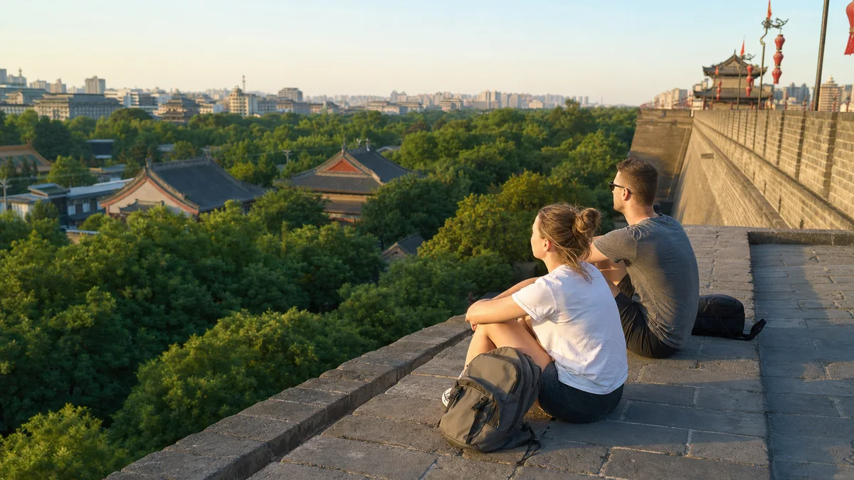 Two international travelers resting on the Xi'an City Wall after sightseeing