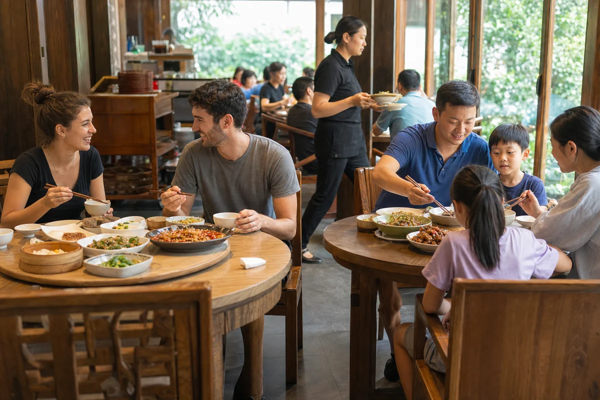 Travelers and a family sharing lunch in a Chinese restaurant