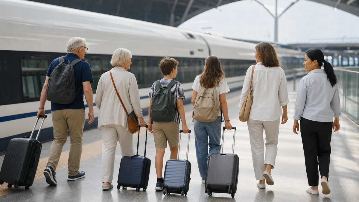 Multigenerational travelers walking beside a China high-speed train with luggage