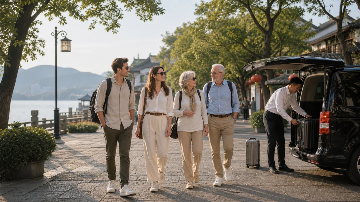 Travelers taking a relaxed Wuxi route break before continuing an East China private tour