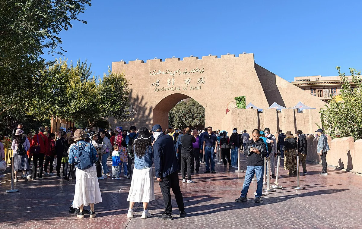 Visitors at the east gate of Kashgar old town