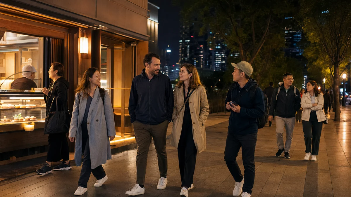 Travelers walking through a relaxed Shanghai street after an evening performance