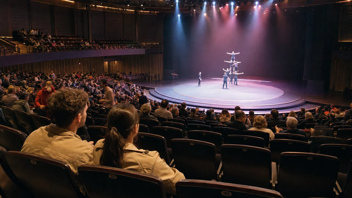 Visitors seated in a modern theatre watching an acrobatics performance