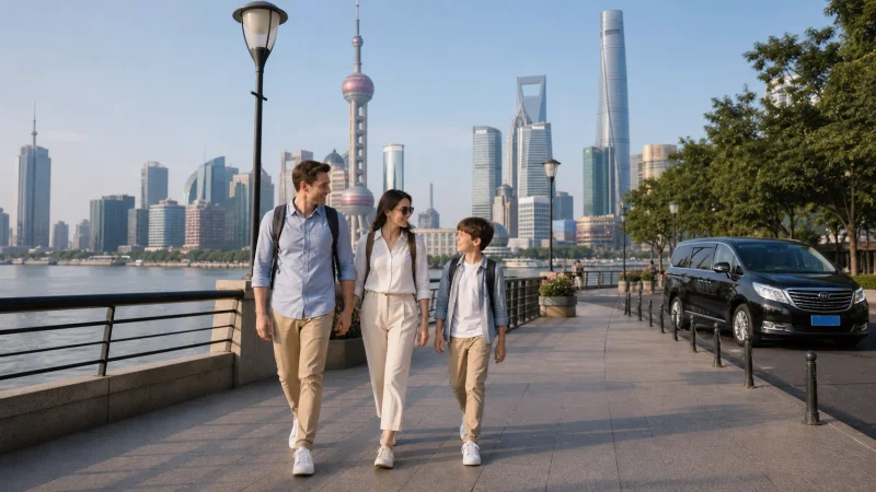 Family travelers walking along the Shanghai riverside promenade with the Pudong skyline behind them