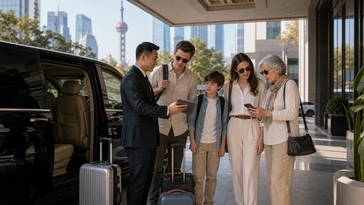 Private car pickup for a family group at a Shanghai hotel