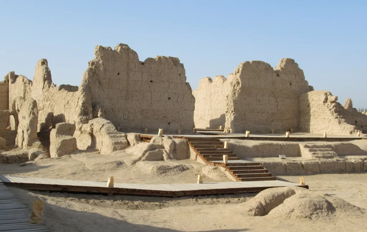 Ruins and central avenue at the ancient city of Jiaohe in Turpan