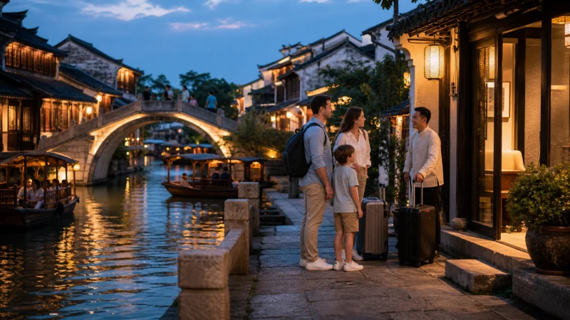 Family travelers arriving at a Wuzhen-style waterside hotel during a Shanghai and Wuzhen private tour