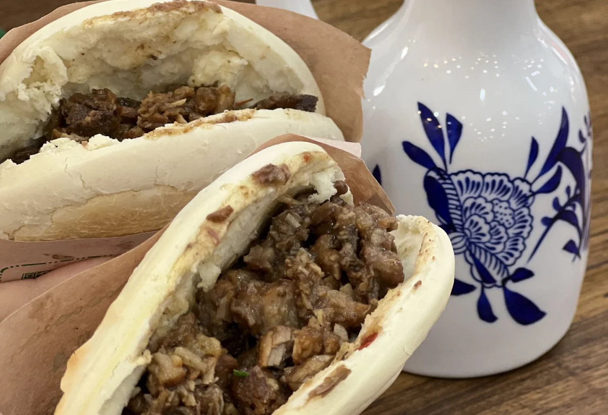 Fresh roujiamo sandwiches filled with chopped braised meat