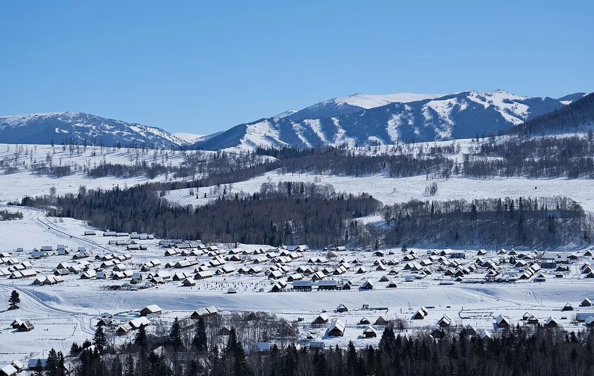 Snow-covered Hemu village in northern Xinjiang
