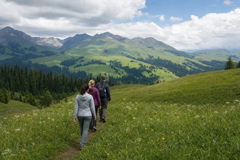 Travelers walking on an established path in Nalati Sky Grassland