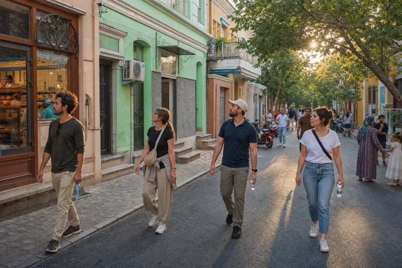 Small group travelers walking on Liuxing Street in Yining