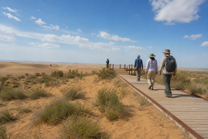 Travelers walking on a desert boardwalk in northern Xinjiang