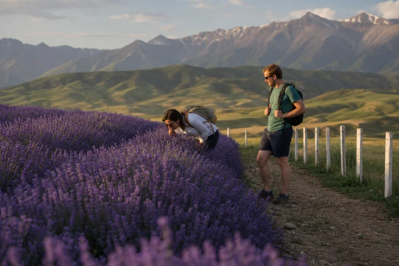 Travelers walking beside a seasonal lavender field in Ili