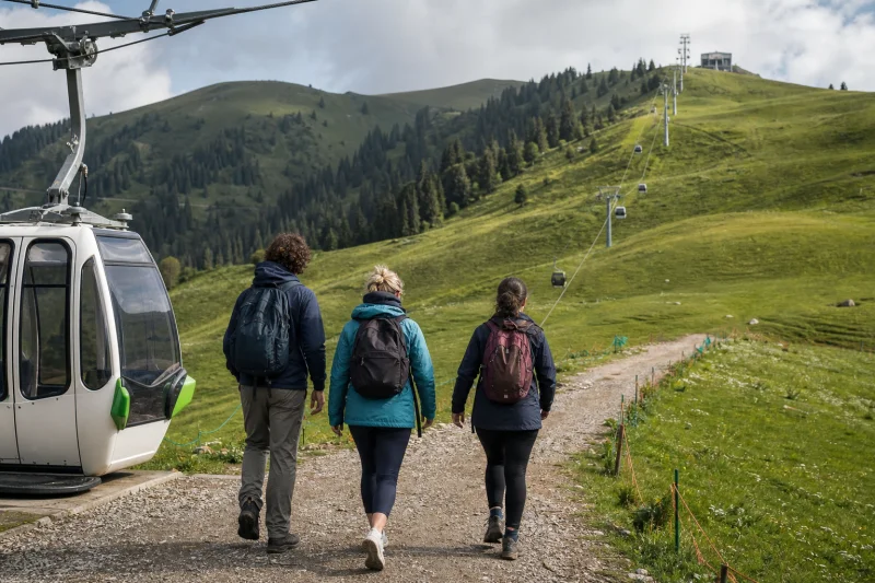 Travelers arriving at the Nalati grassland cableway