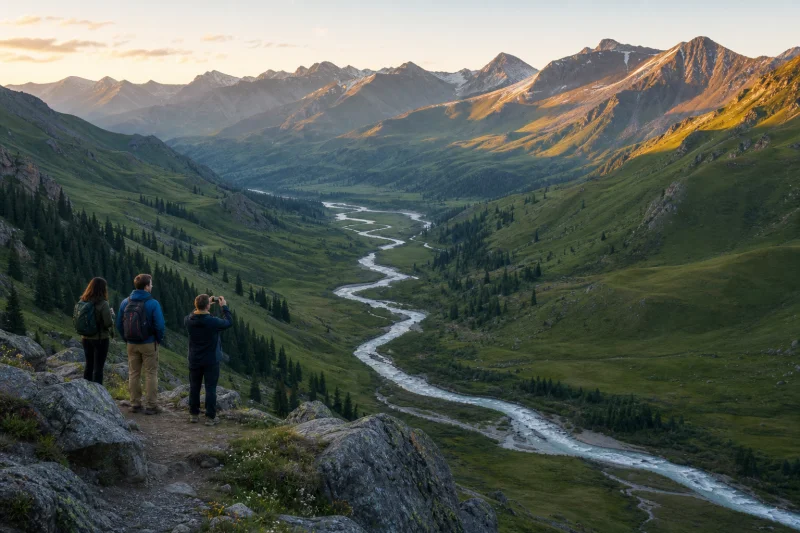 Travelers above the Tangbula river valley at sunrise
