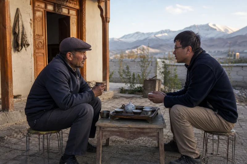 Tea visit in a Tashkurgan courtyard