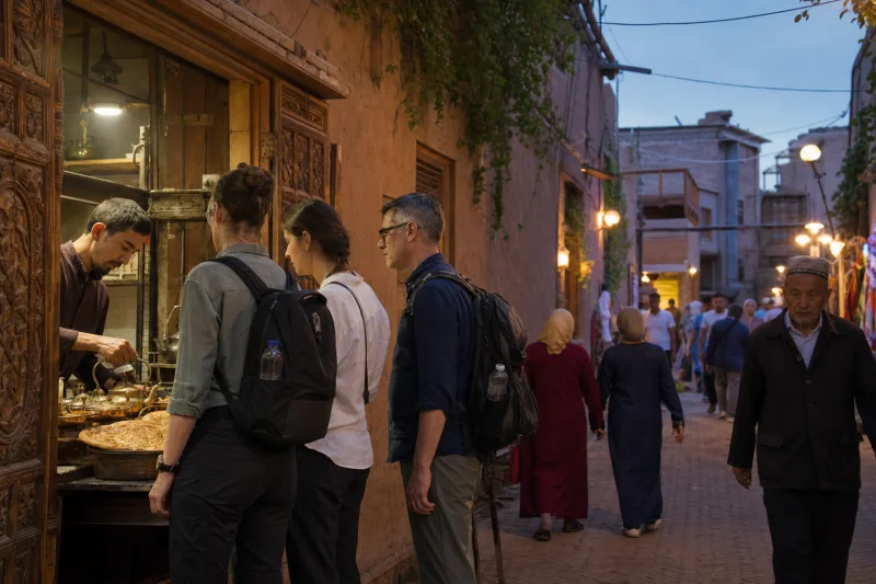 Travelers in a Kashgar Old City evening alley