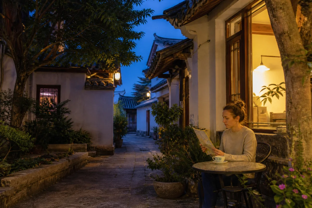 Traveler resting in a Dali Old Town courtyard at evening