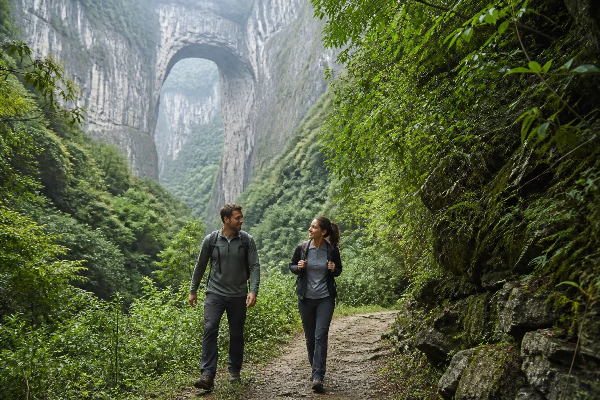 Travelers walking along a forested karst valley path near Chongqing