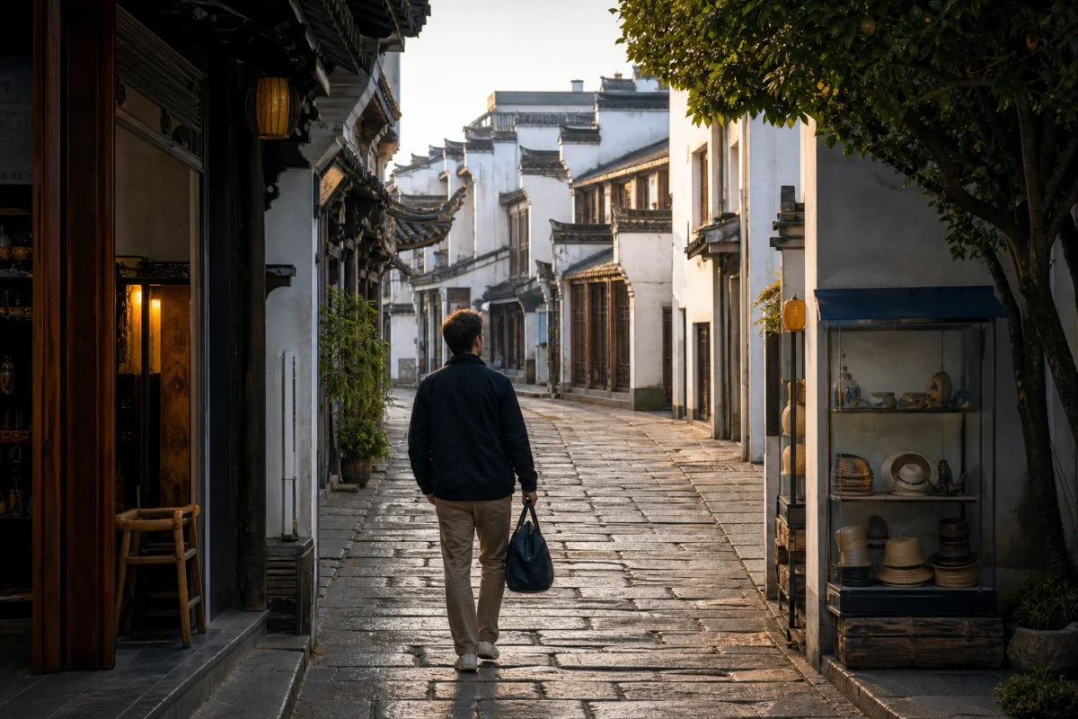 Traveler walking through Tunxi Old Street in Huangshan at late afternoon