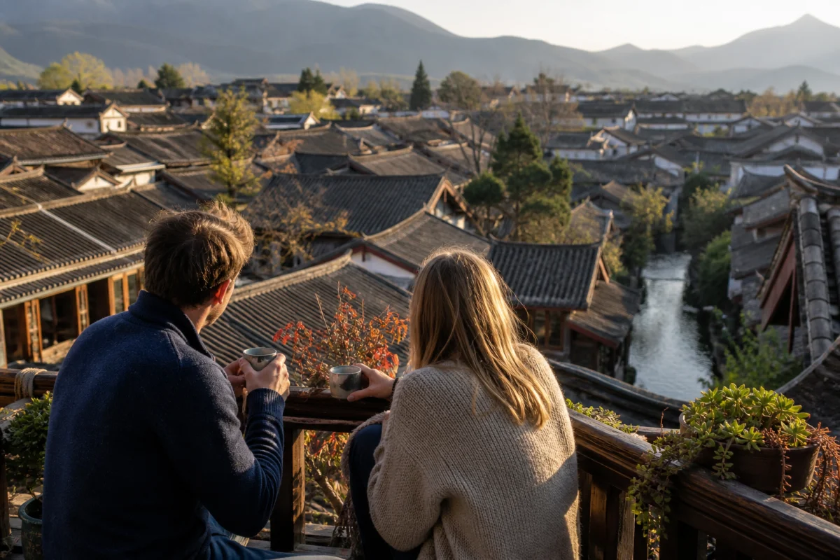 Travelers resting above the roofs and waterways of Lijiang Old Town
