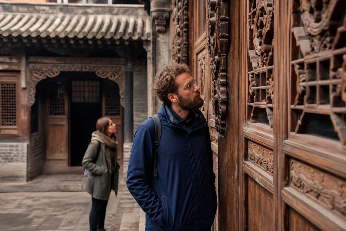 Travelers exploring carved wooden details in a historic merchant courtyard in Pingyao